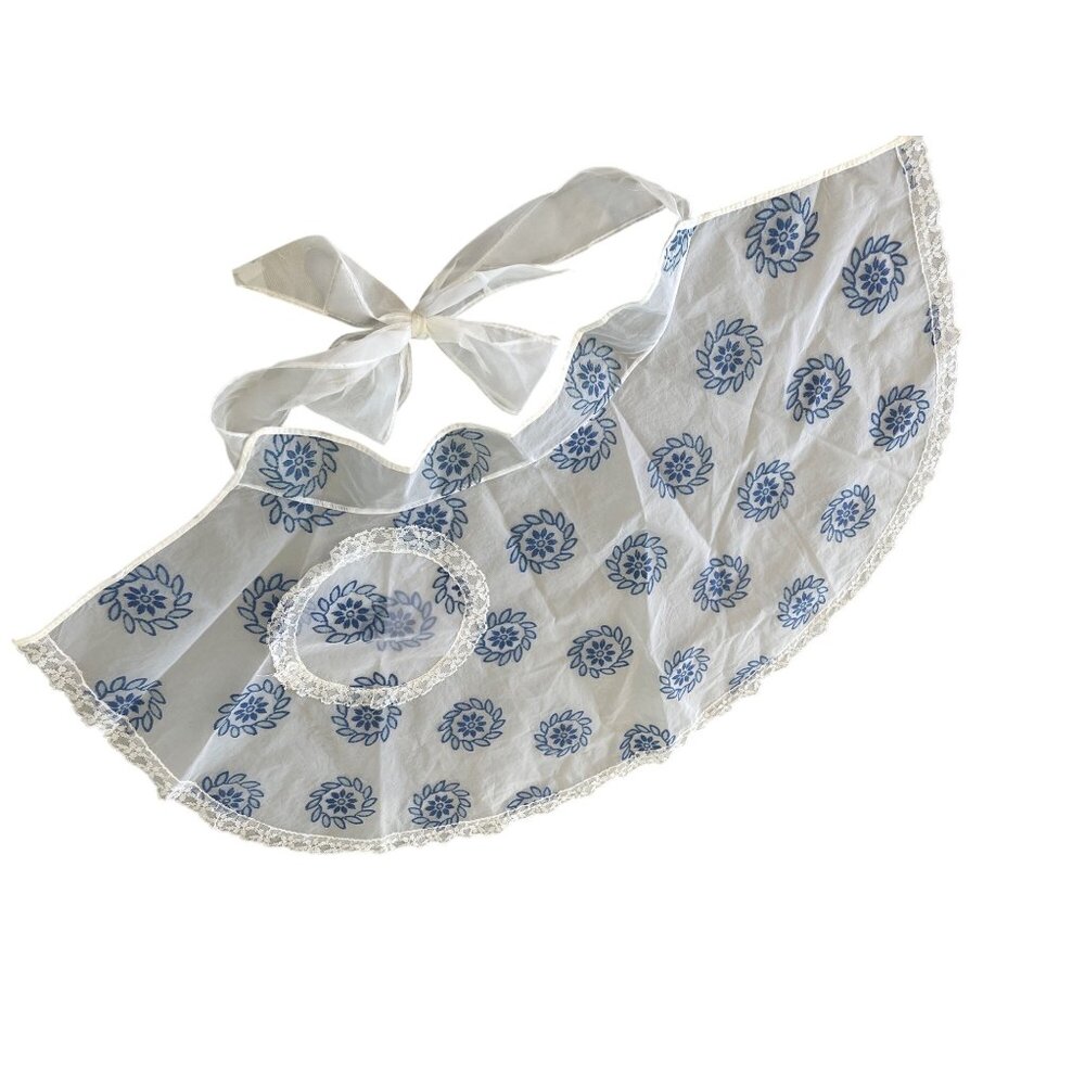Vintage Sheer Apron White Blue Floral Lace Trim Bow Waist Lightweight Housewife